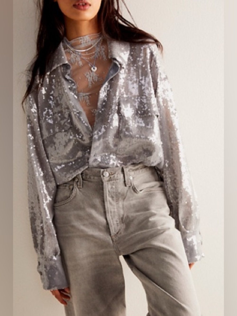 Free People Disco Margarita Sequin
Button Down Top in Silver Medium